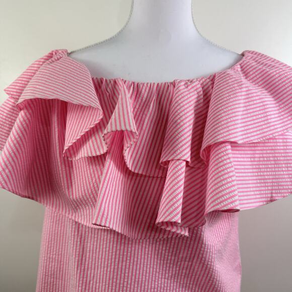 Lilly Pulitzer Seersucker Trixie One Shoulder Ruffle Top XS Pink & White Stripe - Picture 3 of 14